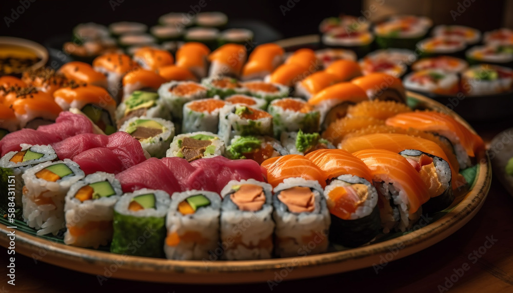 Fresh seafood meal with maki sushi rolls generated by AI Fresh seafood meal with maki sushi rolls generated by AI