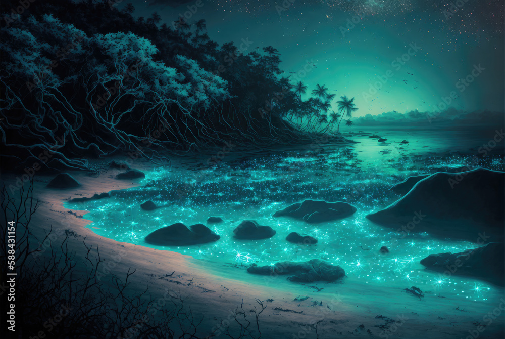 Fototapeta premium Tropical sea night beach with bioluminescent plankton. Trees and a starry sky. Generative AI.