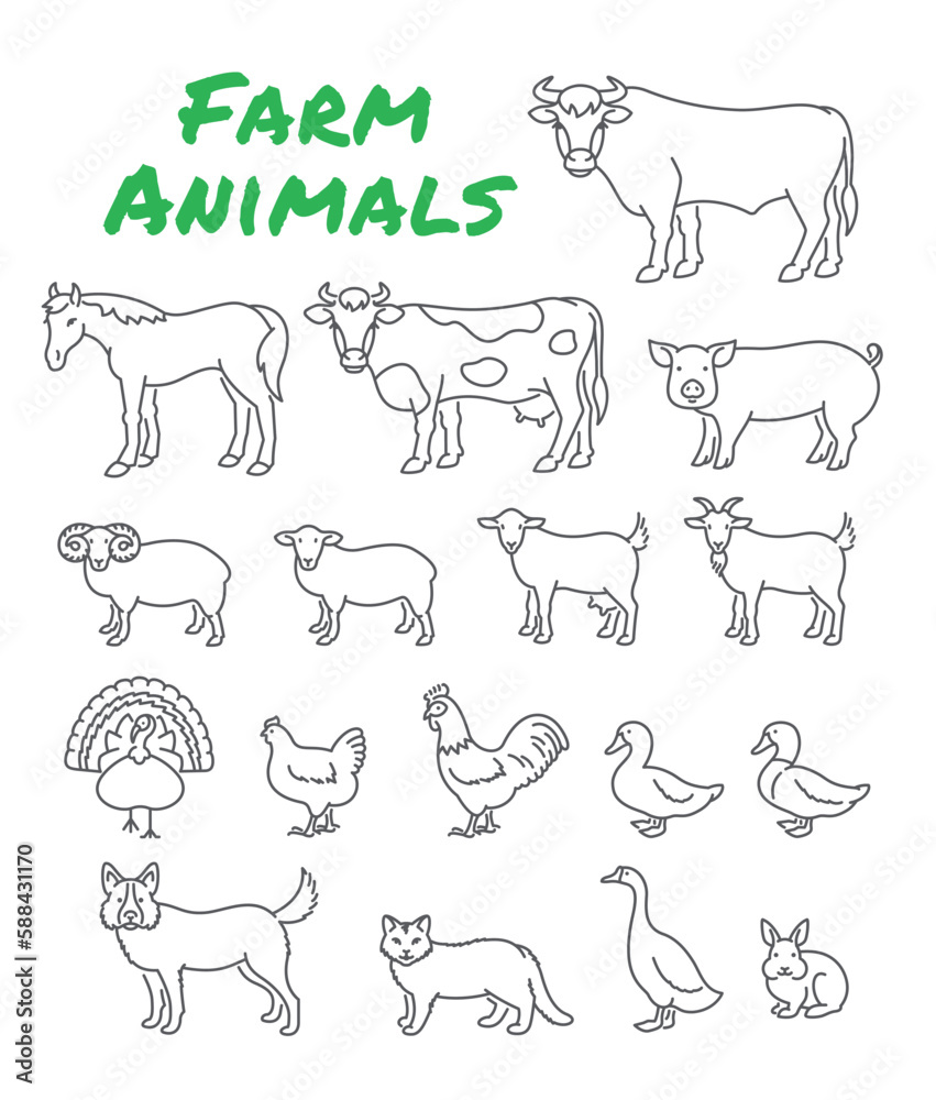 Domestic farm animals simple thin line icons. Outline minimal pictograms of cattle, fowl, horse, pig, turkey, rabbit and other pets. Linear vector illustration of livestock, male and female species Domestic farm animals simple thin line icons. Outline minimal pictograms of cattle, fowl, horse, pig, turkey, rabbit and other pets. Linear vector illustration of livestock, male and female species