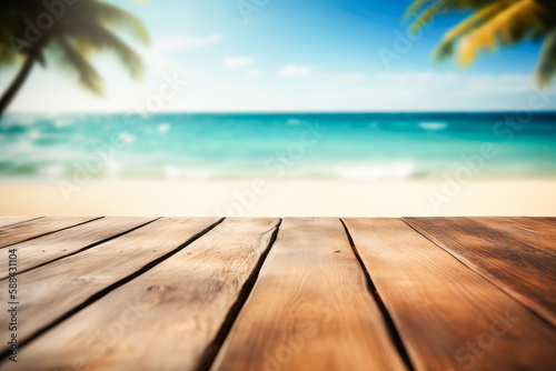Empty wooden table top, product display, showcase stage on tropical summer beach background. Generative AI.