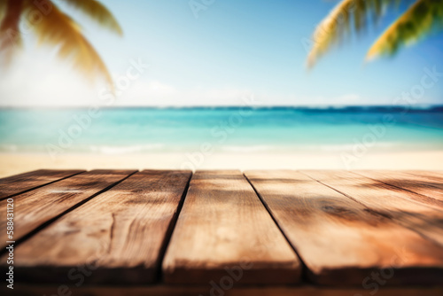 Empty wooden table top  product display  showcase stage on tropical summer beach background. Generative AI.