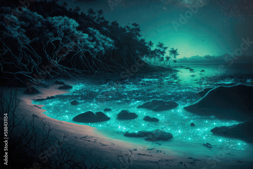 Tropical sea night beach with bioluminescent plankton. Trees and a starry sky. Generative AI.