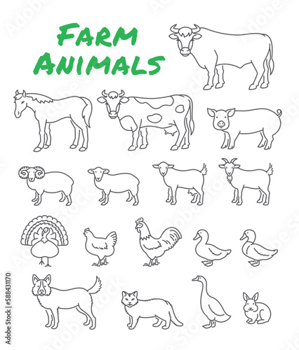 Domestic farm animals simple thin line icons. Outline minimal pictograms of cattle, fowl, horse, pig, turkey, rabbit and other pets. Linear vector illustration of livestock, male and female species