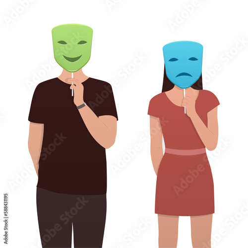 Man and woman with mask. Conceptual illustration representing hypocrisy.