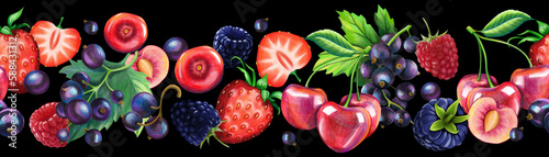 Seamless strip of blackberries, strawberries, black currants, cherries and raspberries, drawn with a colored pencil. Texture on a black background for packaging, wrapping paper, fabric and wallpaper. photo