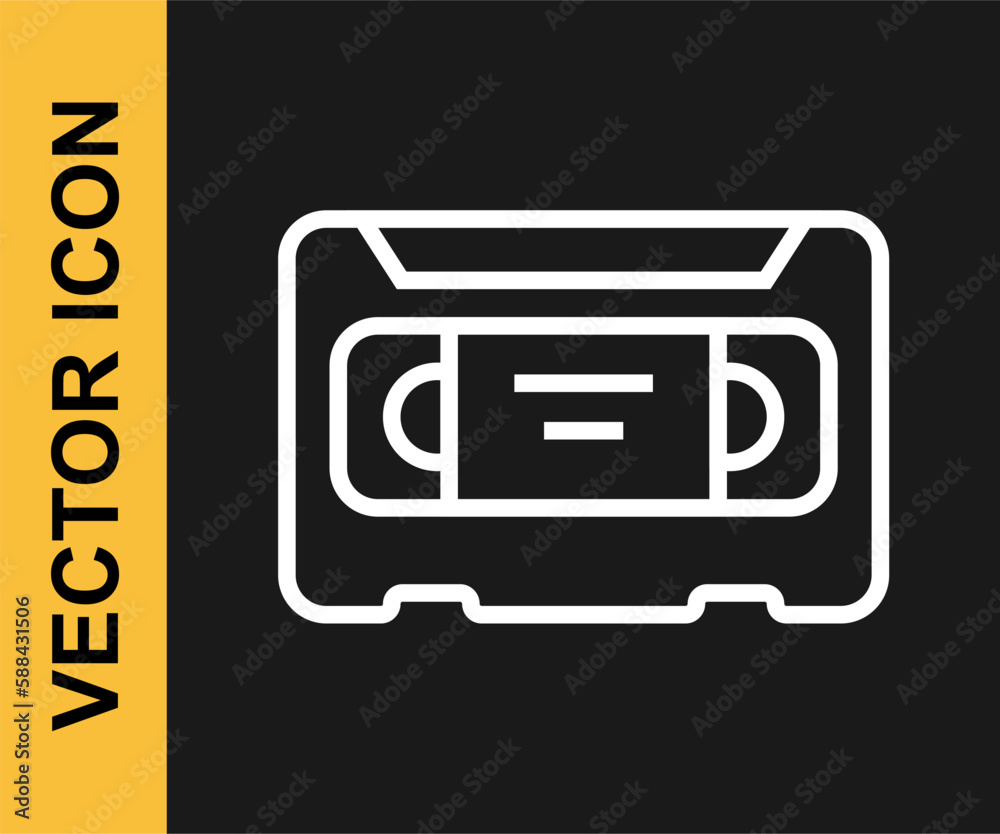 White line VHS video cassette tape icon isolated on black background. Vector White line VHS video cassette tape icon isolated on black background. Vector