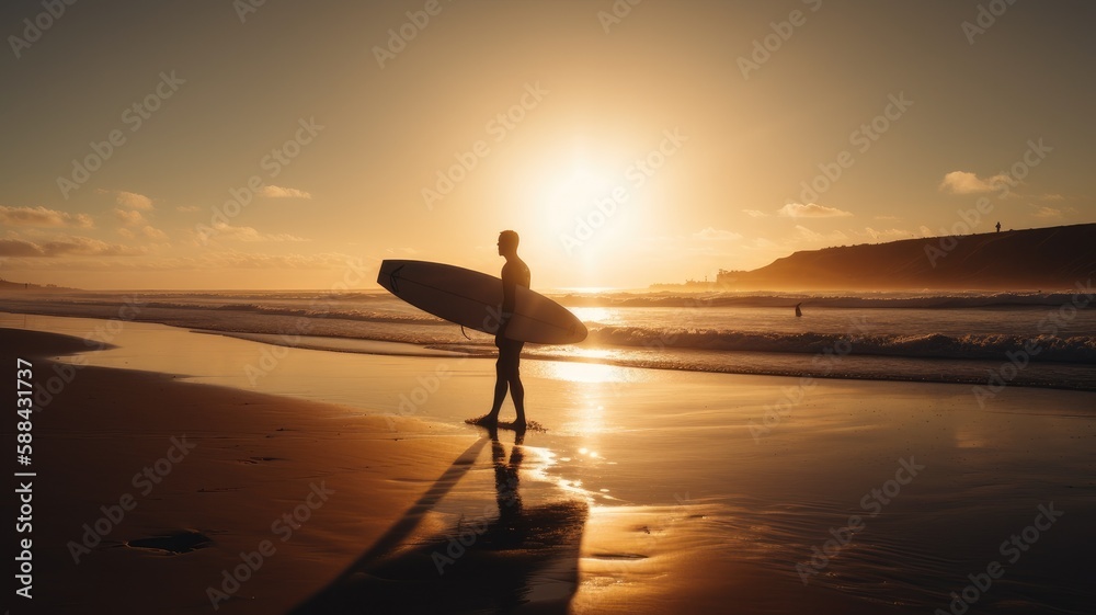 Sun-Kissed Surfing: Silhouette of a Surfer with Board on a Beach, AI-Generated
