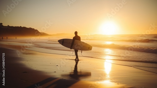 Catching the Last Waves: A Surfer's Sunset Journey, AI Generative 