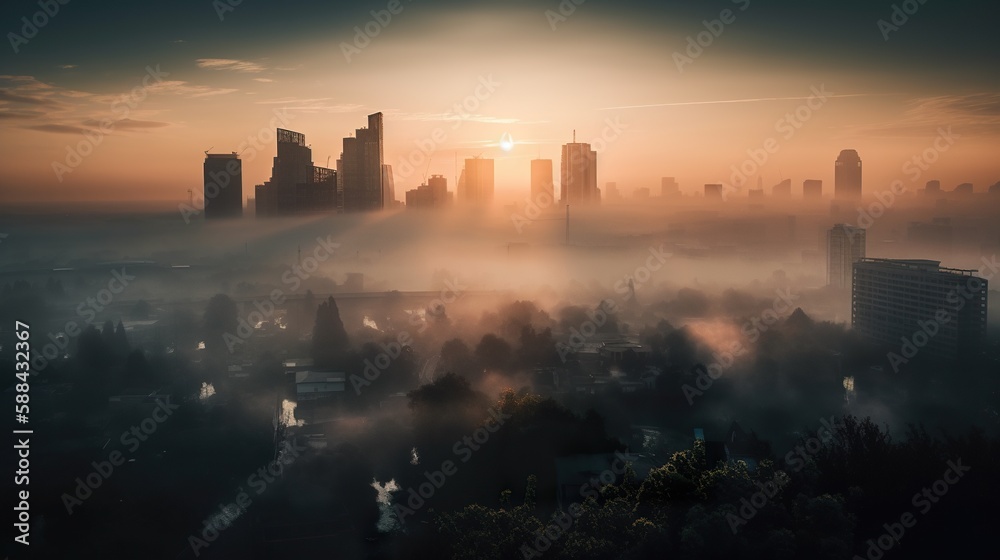 Cityscape at dawn with sun lighting morning mist in warm golden glow, aerial shot, AI generative