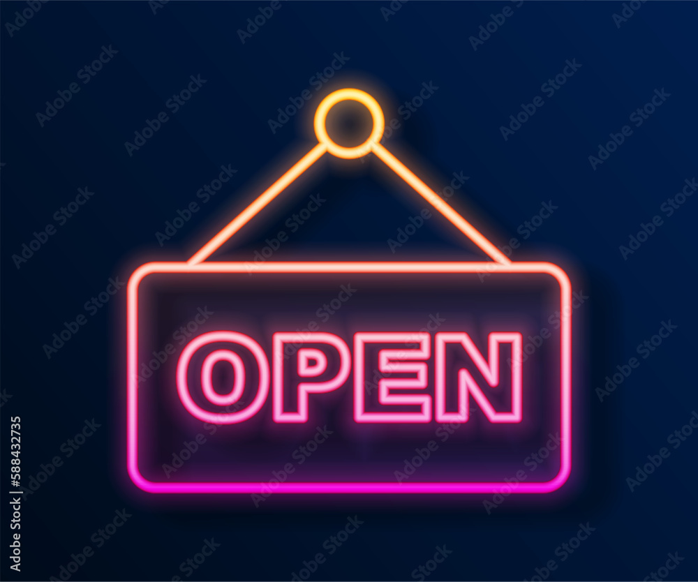 Glowing neon line Hanging sign with text Open door icon isolated on black background. Vector Glowing neon line Hanging sign with text Open door icon isolated on black background. Vector