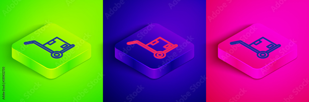 Isometric line Hand truck and boxes icon isolated on green, blue and pink background. Dolly symbol. Square button. Vector Isometric line Hand truck and boxes icon isolated on green, blue and pink background. Dolly symbol. Square button. Vector