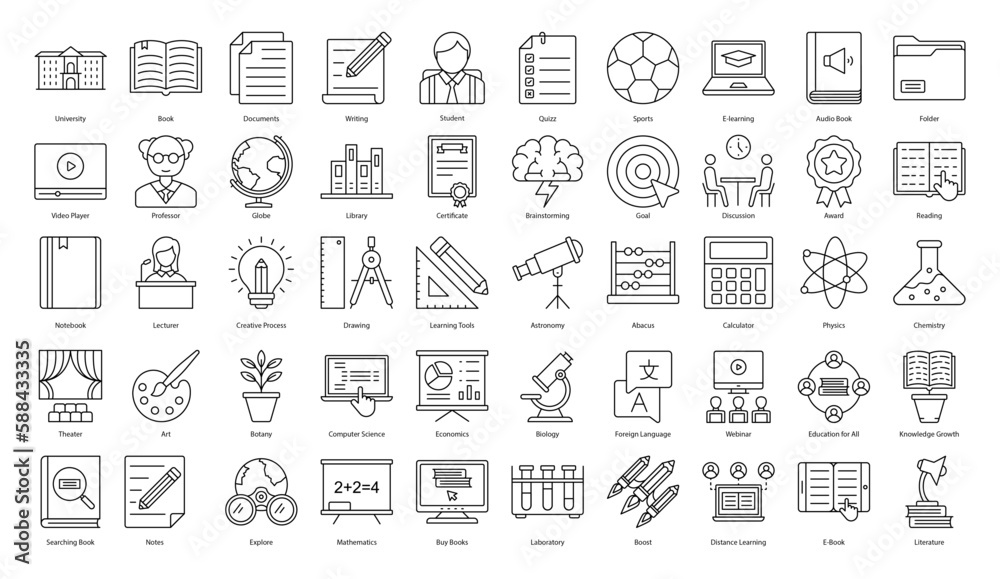 University Thin Line Icons Education Student Iconset in Outline Style 50 Vector Icons in Black