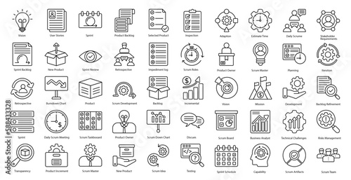 Scrum Development Thin Line Icons Business Management Iconset in Outline Style 50 Vector Icons in Black