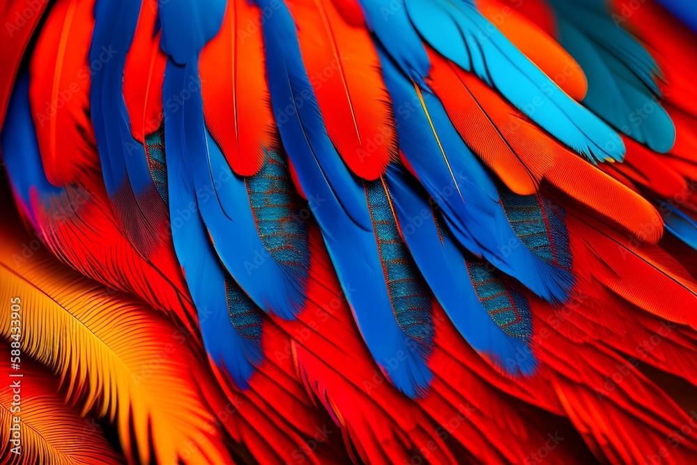 Obraz premium Macaw feather close-up. Red yellow orange and blue tones, exotic nature background - generative ai
