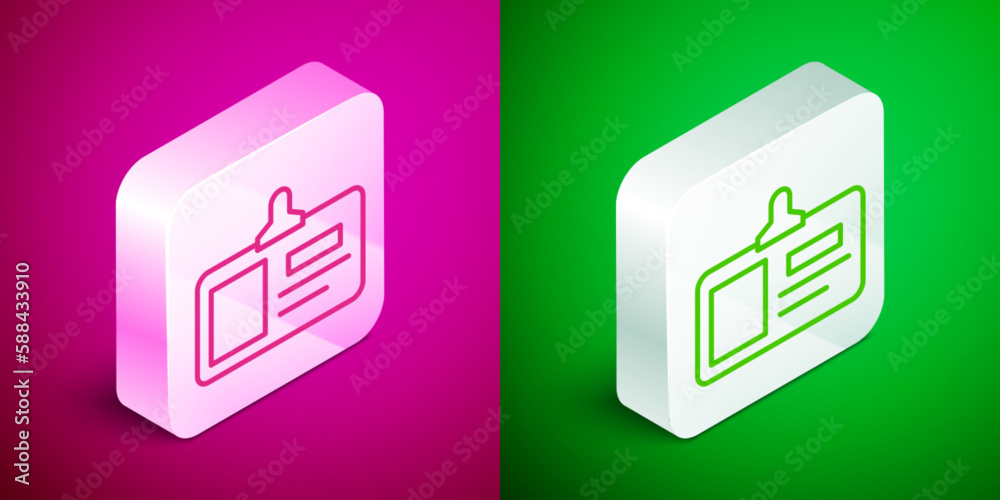 Isometric line Identification badge icon isolated on pink and green background. It can be used for presentation, identity of the company, advertising. Silver square button. Vector Isometric line Identification badge icon isolated on pink and green background. It can be used for presentation, identity of the company, advertising. Silver square button. Vector