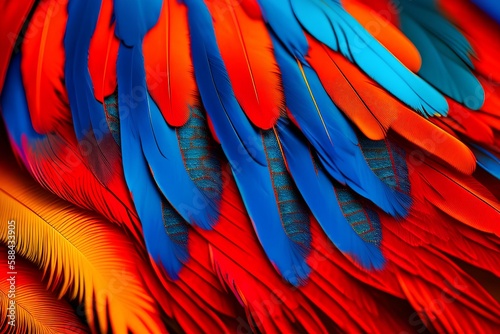 Macaw feather close-up. Red yellow orange and blue tones, exotic nature background - generative ai © unalcreative