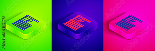 Isometric line Wooden Swedish wall icon isolated on green, blue and pink background. Swedish stairs. Square button. Vector