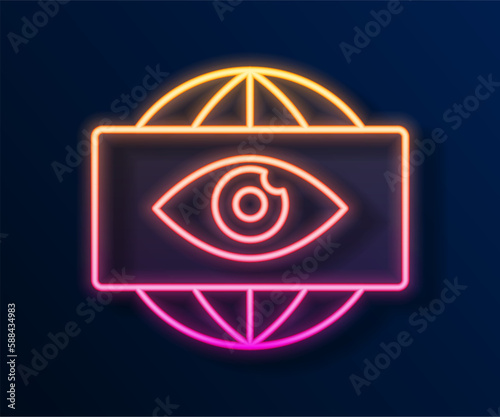Glowing neon line Big brother electronic eye icon isolated on black background. Global surveillance technology, computer systems and networks security. Vector