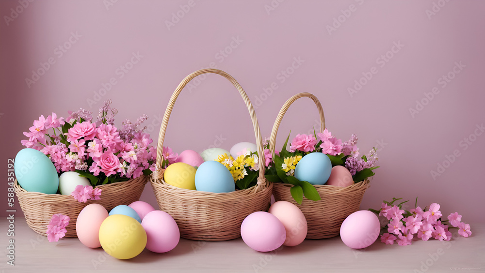 Basket with eggs and flowers, Easter eggs, colored eggs.