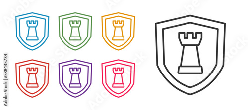 Set line Chess shield icon isolated on white background. Business strategy. Game  management  finance. Set icons colorful. Vector