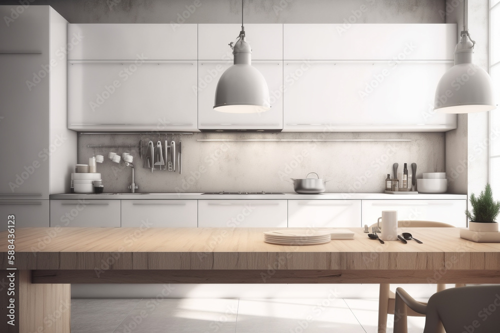 Fototapeta premium Modern kitchen, clean interior design concept. Illustration. Generative AI