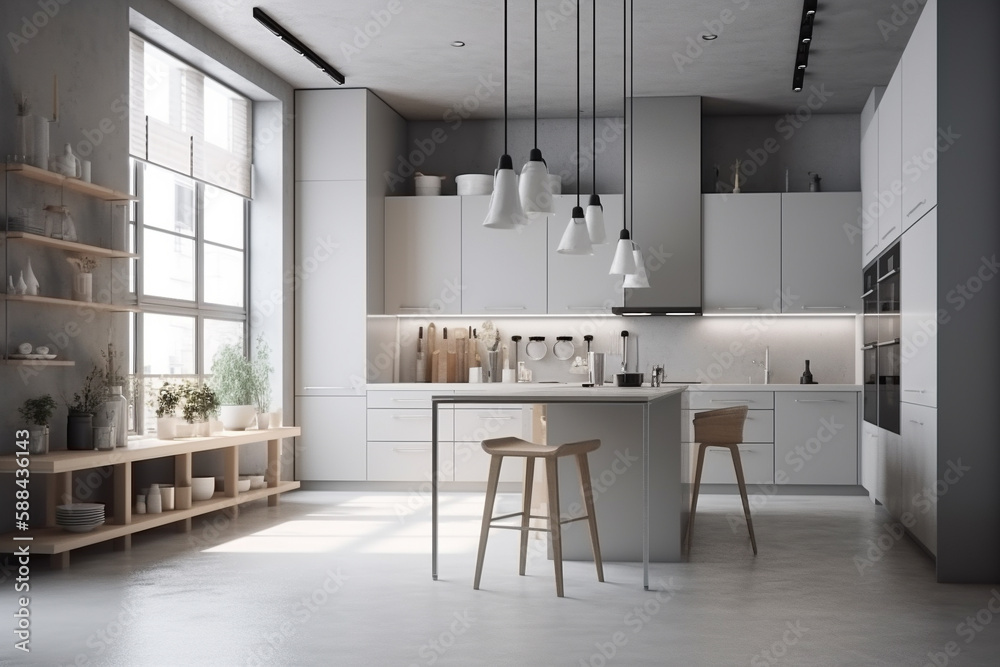 Fototapeta premium Modern kitchen, clean interior design concept. Illustration. Generative AI