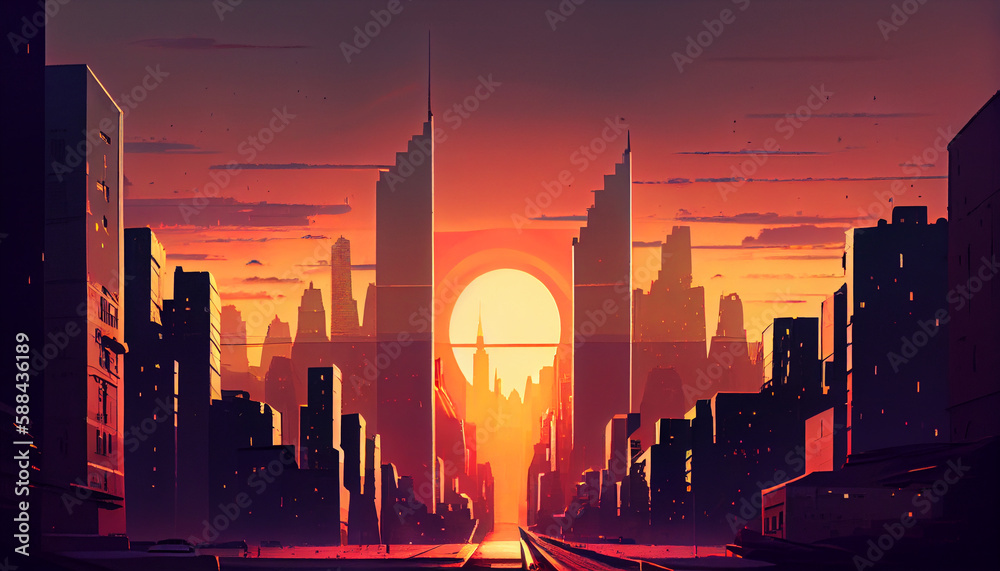 Illustration of a city at sunset. Buildings and skyscrapers with the sun in the background. Generative AI illustration.