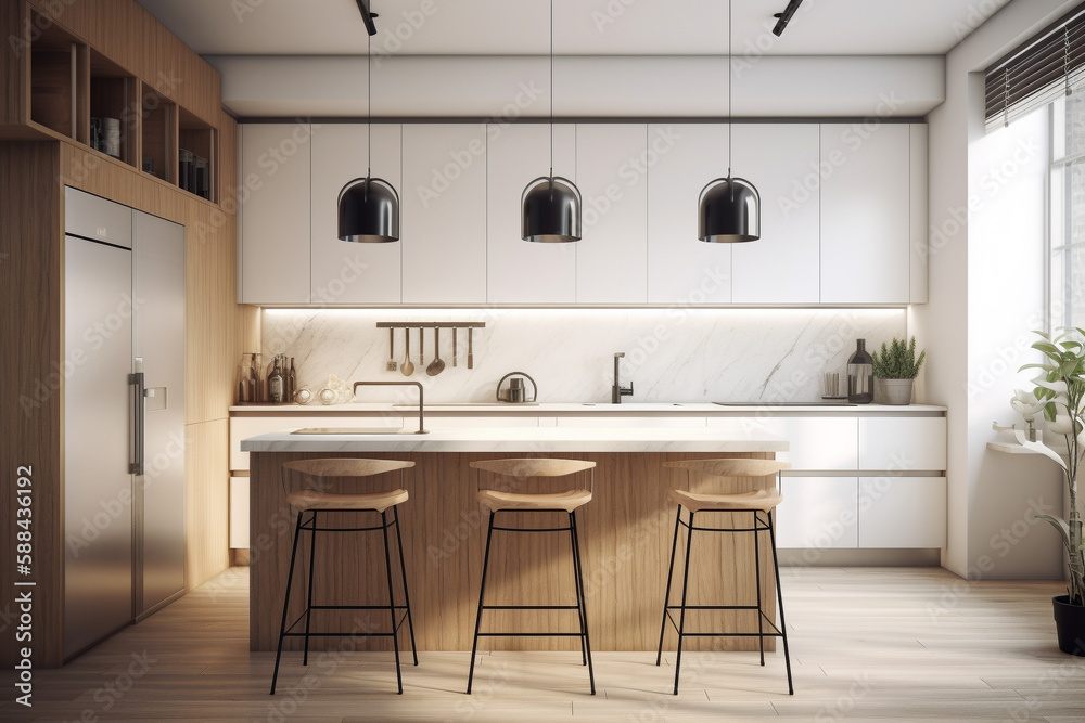 Modern kitchen, clean interior design concept. Illustration. Generative AI