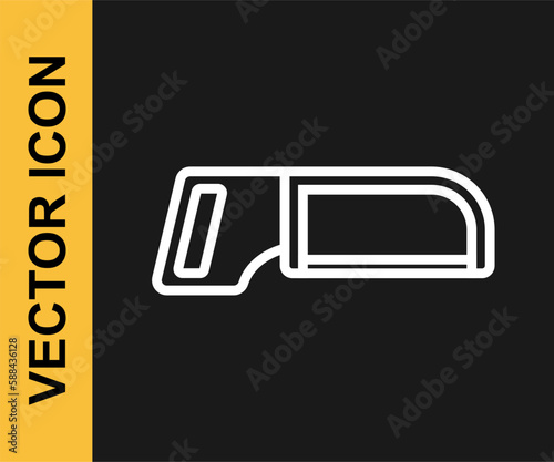 White line Hacksaw icon isolated on black background. Metal saw for wood and metal. Vector