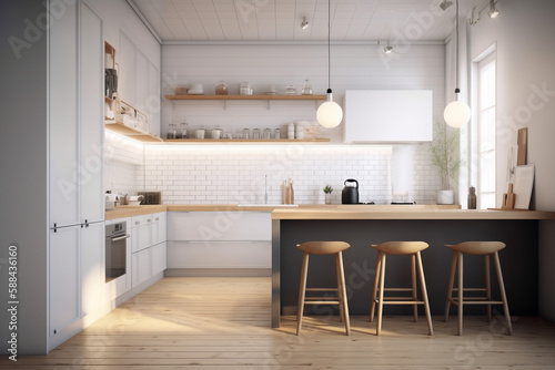 Modern kitchen  clean interior design concept. Illustration. Generative AI