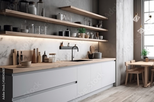 Modern kitchen, clean interior design concept. Illustration. Generative AI © Mihai Zaharia