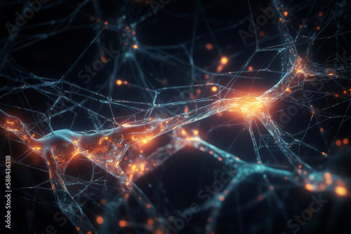Neuron cells glowing in a neural network, conceptual illustration. Generative AI © Mihai Zaharia