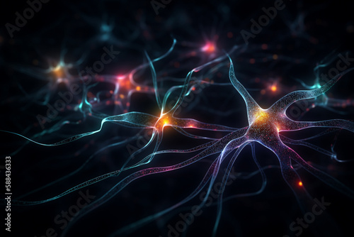 Neuron cells glowing in a neural network  conceptual illustration. Generative AI