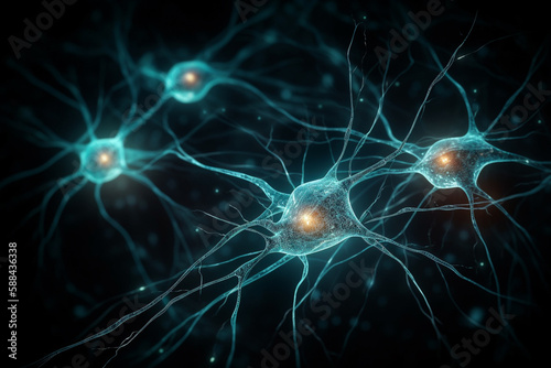 Neuron cells glowing in a neural network, conceptual illustration. Generative AI