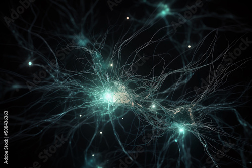 Neuron cells glowing in a neural network  conceptual illustration. Generative AI