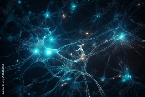 Neuron cells glowing in a neural network, conceptual illustration. Generative AI