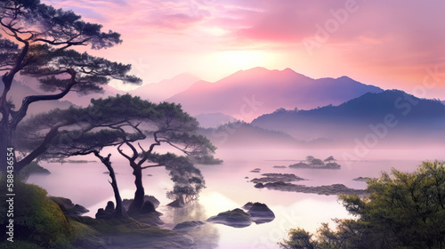 Idylic nature landscapes, amazing sunset, water, ai generative