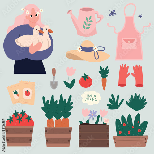 potting plants and veggies isolated flat cartoon set. Vector landscape designers and farming equipment. Spade, water can, flowerpots on sill, duck