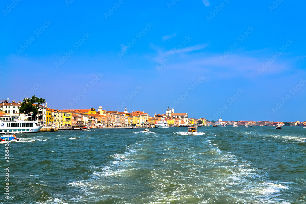 A water trail on the water from a boat in Venice