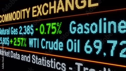 Stock exchange, commodity trading, ticker with prices and percentage signs. Rising energy commodities like Brent Crude Oil, Heating Oil or Natural Gas. Business, trading and gas and oil industry.