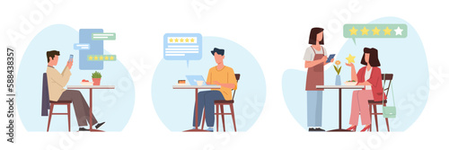 Culinary critics, professional writers or bloggers who write reviews and ratings of restaurant food. Customer feedback about service. Products degustation. Cartoon flat isolated vector set