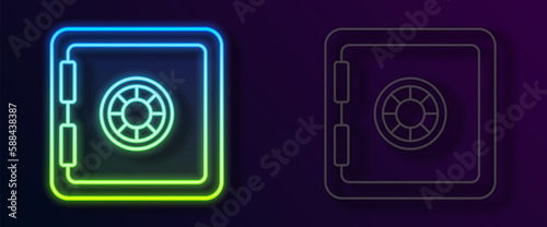Glowing neon line Safe icon isolated on black background. The door safe a bank vault with a combination lock. Reliable Data Protection. Vector