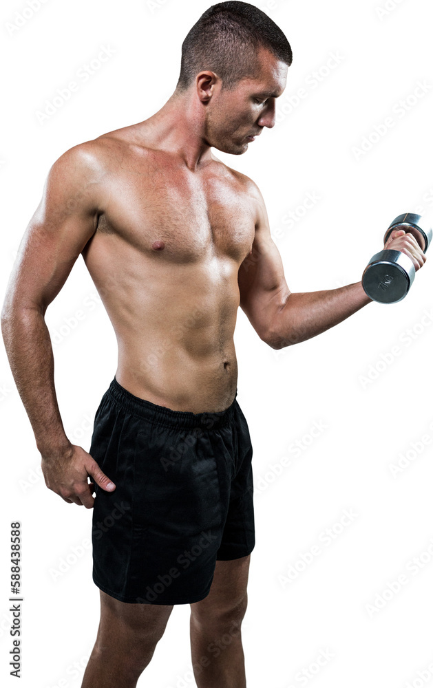 Determined shirtless athlete working out with dumbbell