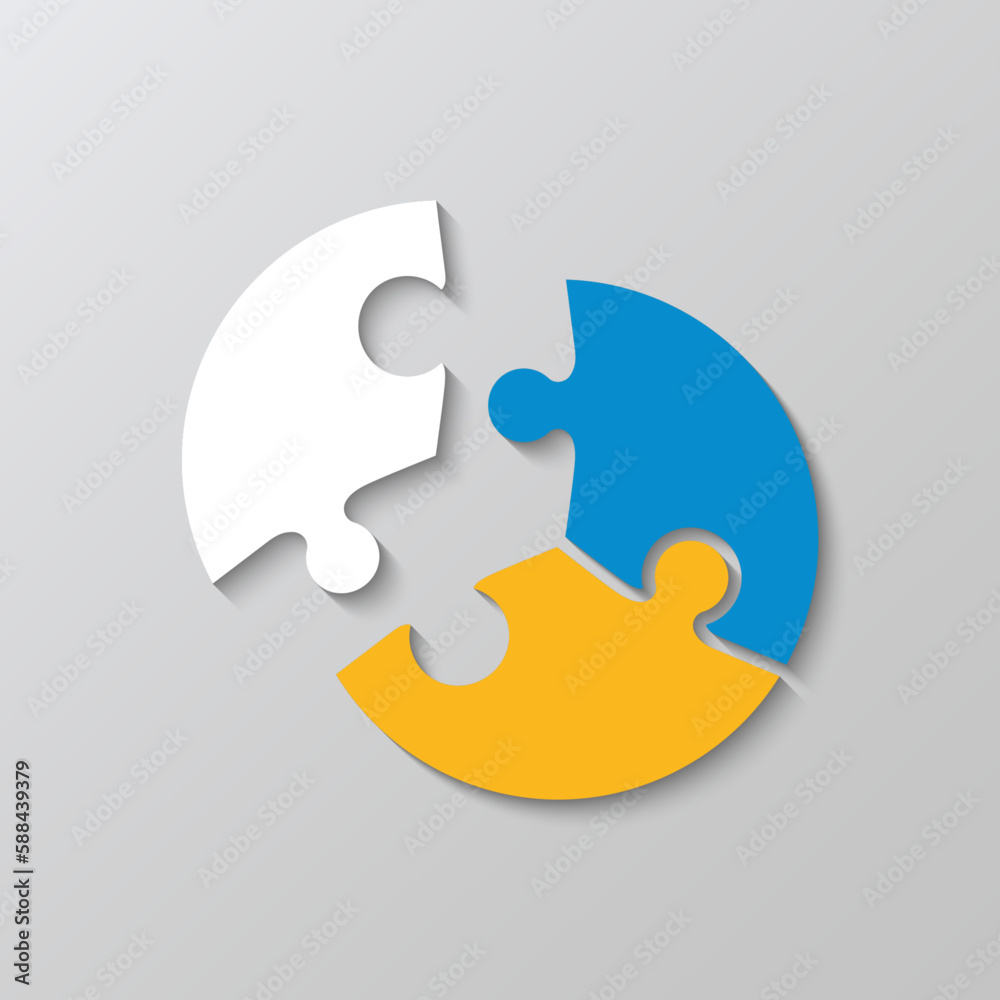 Round puzzle pieces set with 3 details. Circular jigsaw grid. Circle diagram in form of thinking game. Modern background with mosaic shapes. Simple frame tiles. Cutting template. Vector illustration. Round puzzle pieces set with 3 details. Circular jigsaw grid. Circle diagram in form of thinking game. Modern background with mosaic shapes. Simple frame tiles. Cutting template. Vector illustration.