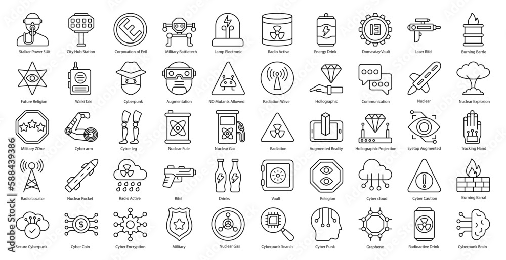 Cyberpunk Thin Line Icons Technology Augmented Reality Iconset in Outline Style 50 Vector Icons in Black