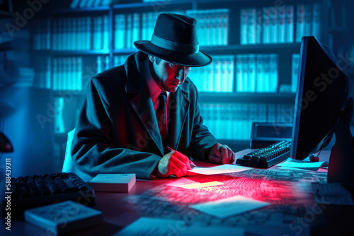 A private detective solving mysterious puzzles while working in a dark room, ai generative photo