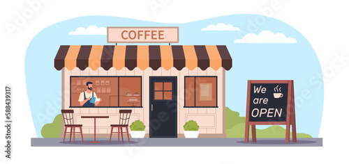 Fototapeta Naklejka Na Ścianę i Meble -  Facade of cafe with tables on terrace and inscription we opened. Restaurant or shop building. Front view house facade with door, windows and signboard, cartoon flat illustration, vector concept