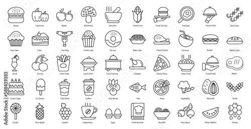 Food Thin Line Icons Burger Cake Baking Iconset in Outline Style 50 Vector Icons in Black
