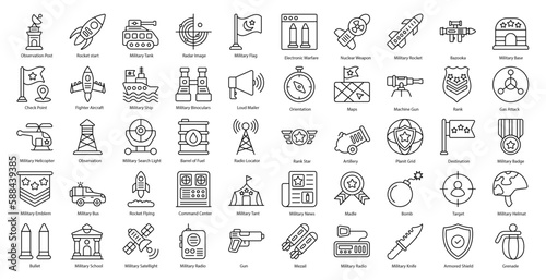 Military Thin Line Icons Army Soldier Iconset in Outline Style 50 Vector Icons in Black