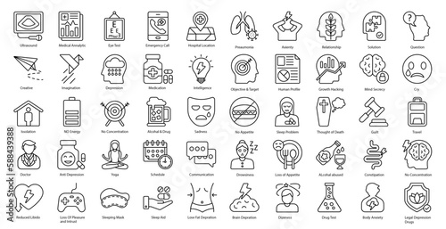 Anxiety Thin Line Icons Depression Emotion Mental Health Iconset in Outline Style 50 Vector Icons in Black